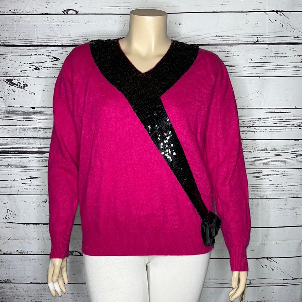 VTG Justine Todd Women NWT Size 3X Pink - Black Sequin Lambswool Angora Sweater